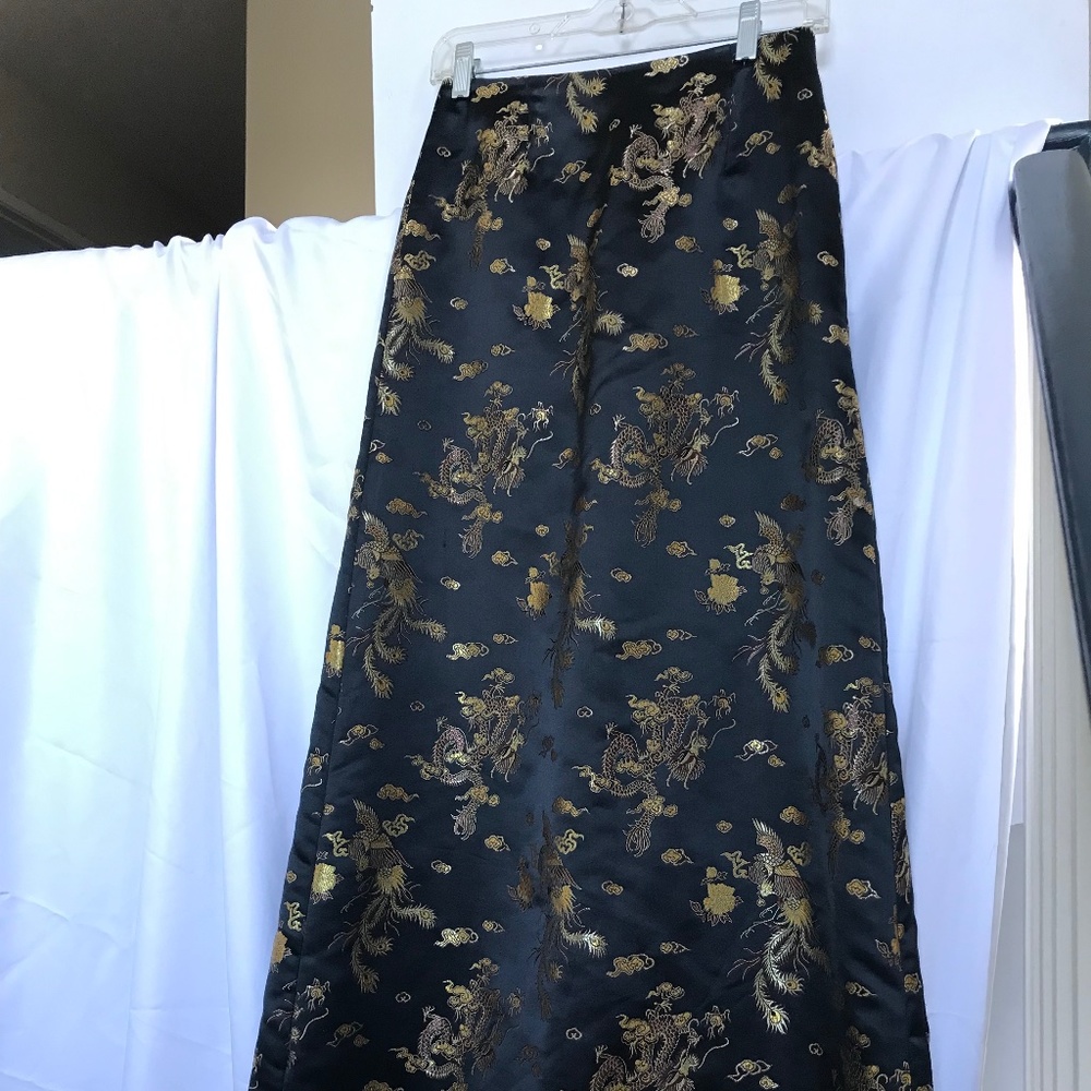 Golden Dragon on Black Satin long skirt EUC small